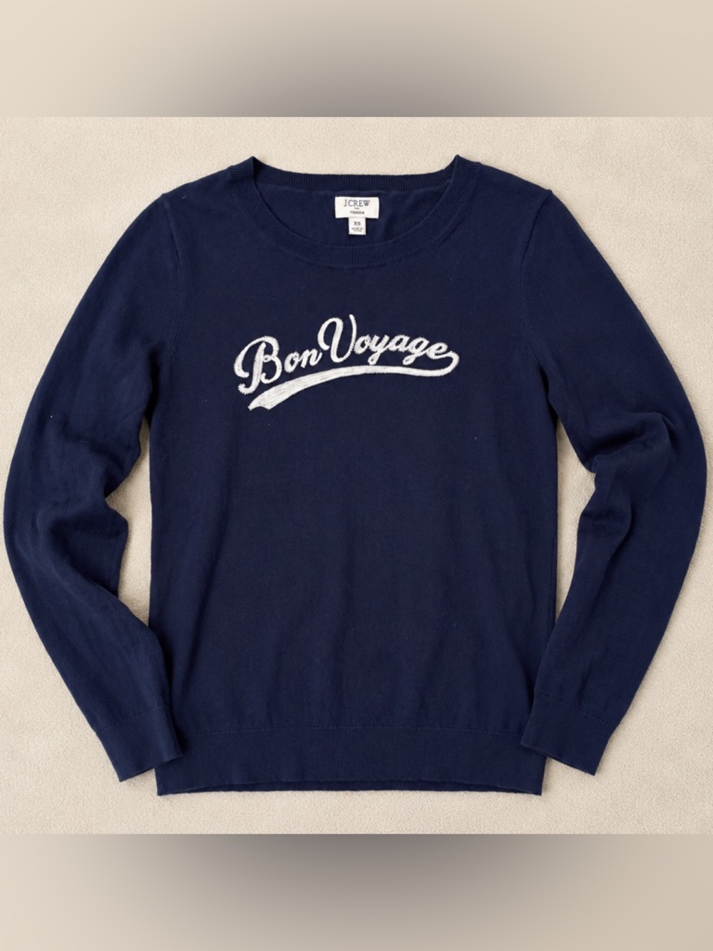 J.Crew Bon Voyage Sweater XS Navy 100% Cotton Embroidered Graphic Crewneck - Picture 2 of 6
